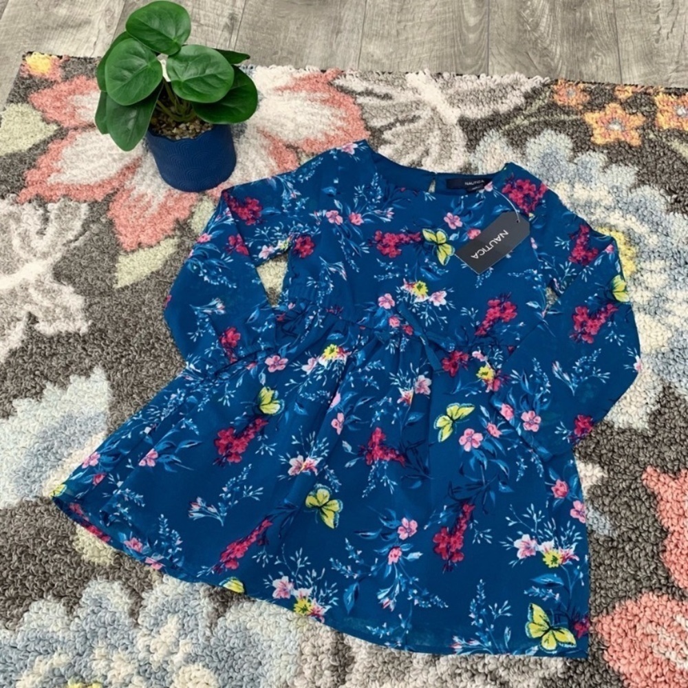 Girl’s NWT Nautica Teal Blue Floral Flowers Fully Lined Sheer Dress Toddler 2T